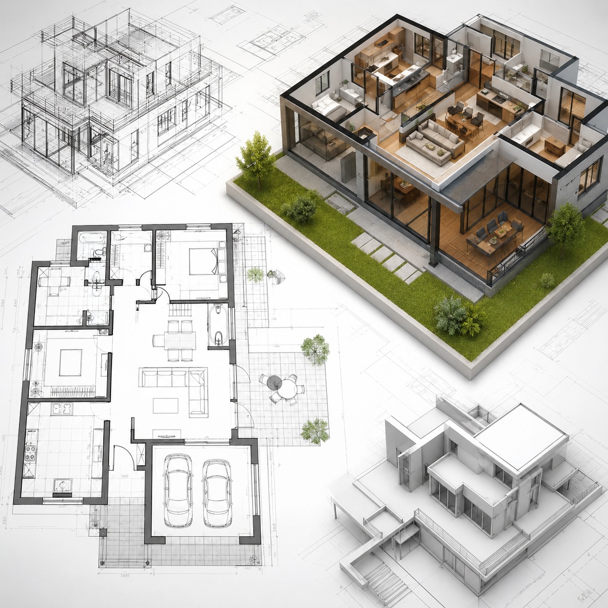 Photorealistic 3D architectural rendering of a contemporary luxury villa